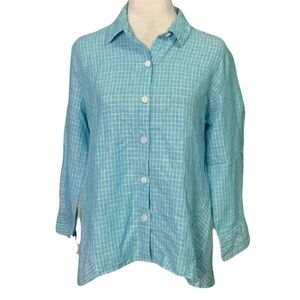 Habitat Aqua Blue & White XS Window Pane Print Linen Blend Button-Down Shirt